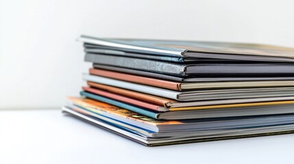 A neat stack of various hardcover and softcover books and magazines in different colors and sizes sits on a white surface
