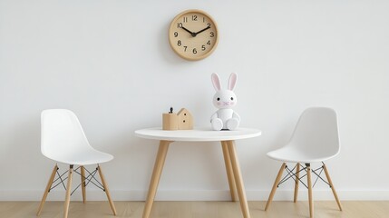 Interior design with white table, chairs, clock, and rabbit decoration