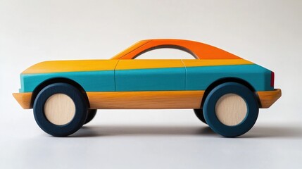 Fototapeta premium Tri-color wooden toy car, classic design, smooth finish