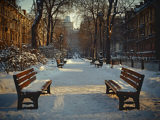 Snowy park walkway, sunlight