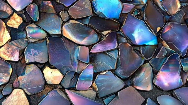 Colorful, iridescent shards resembling broken glass or gemstones, displaying a range of blues, purples, and metallic hues mineral pattern texture macro background.
