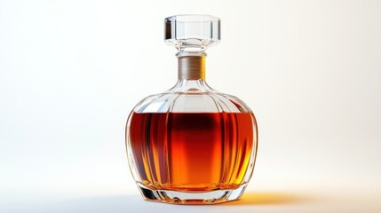 Amber liquid in a clear, decorative glass decanter with a faceted, bulbous body and a stopper