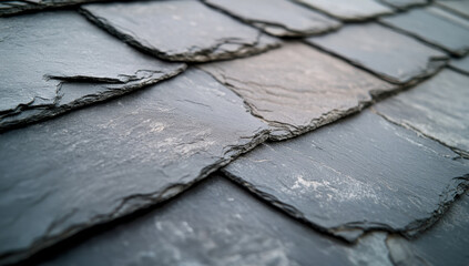 A close-up view of an eco-friendly slate roof highlighting its natural texture, color variations, and contributions to sustainable building practices