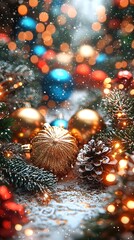 Festive ornaments snow scene bokeh lights