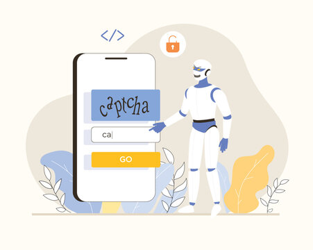 Bypass captcha, Anti captcha, Solving service. Robot enters captcha on the phone screen. Flat vector illustration.