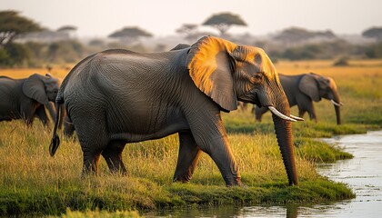 Fototapeta premium Elephant herd at sunset, African savanna