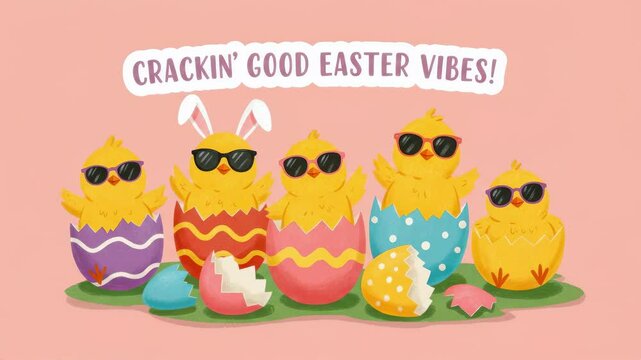 A playful card depicting a group of cartoon chicks in sunglasses popping out of colorful eggs, with bold text saying 'Crackin&rsquo; Good Easter Vibes!'