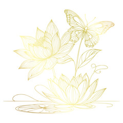 vesak line art lotus, golden lotus with butterfly, A symbol of enlightenment, beauty and spirituality in a graceful and meaningful design.