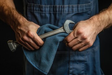 Professional photo of a close-up of a mechanics hands holding a wrench and microfiber cloth, against a clean, neutral background, emphasizing precision and professionalism