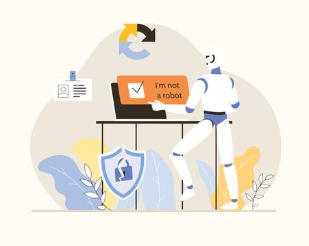 Bypass captcha, Anti captcha, Solving service. Robot clicking on captcha - I am not a robot. Flat vector illustration.