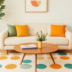 Geometric mid century, geometric mid century patterns, minimalist mid century aesthetic, Cozy living room with colorful decor accents.