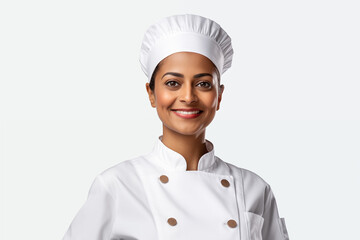 Smiling Indian women chef in white background. Showcasing passion for food, culinary skills, and vibrant flavors. Perfect for food culture. Cook recruitment. India.