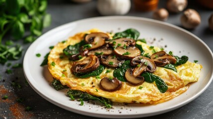 A freshly prepared omelette with mushrooms, spinach, and cheese, plated on a white dish, warm soft lighting illuminating the dish, cozy kitchen counter, high-quality render