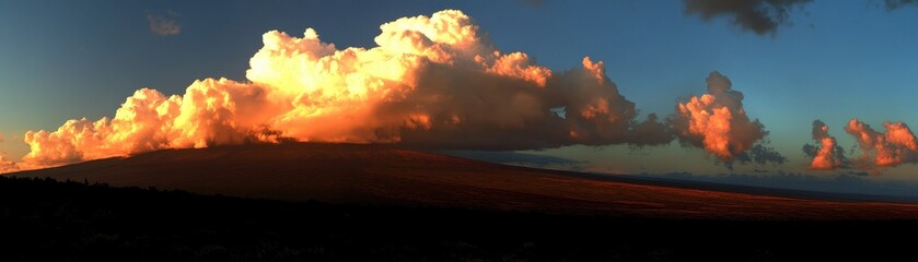 A majestic mountain peak towers in the background, its rugged terrain partially obscured by a swirling cloud of smoke that billows gracefully into the sky, creating a dramatic contrast.