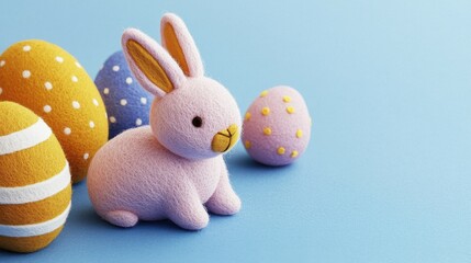 A pastel-colored bunny sits beside decorated Easter eggs on a light blue background, creating a cheerful springtime scene.
