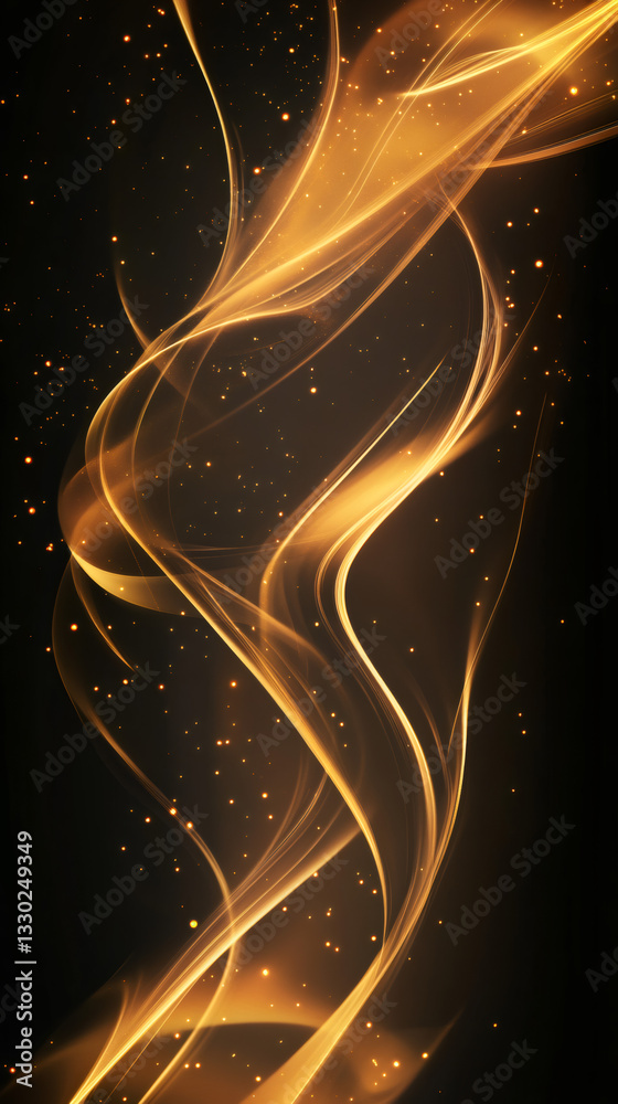 Poster Abstract golden waves flowing on a black background with glowing particles, creating a luxurious and elegant design