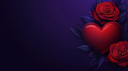 Heart and roses on dark purple backdrop