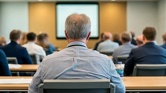 Rear view of an older professional attending a corporate seminar, closely following the presentation. Concept of career enhancement and continued education.