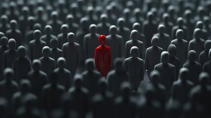 A solitary figure in a vibrant red outfit standing tall amidst a dense crowd of grayscale figurines, in a dimly lit abstract environment, radiating a sense of boldness and individuality.
