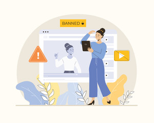Blocking, banned user account on social media. Error, access is denied. Account safety and secure. Flat vector illustration.