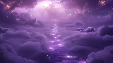 Obraz premium Illuminated pathway through purple mist with sparkling lights and soft clouds in an ethereal setting. Elysian Radiance. Illustration