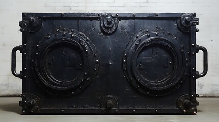 A Black Metal Industrial Safe With Circular Doors