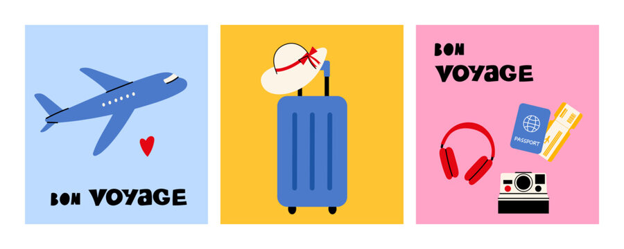 Minimalist travel card set with airplane, baggage, and travel essentials. Perfect for greeting cards, posters, or social media to wish a 'Bon Voyage' or celebrate travel moments.