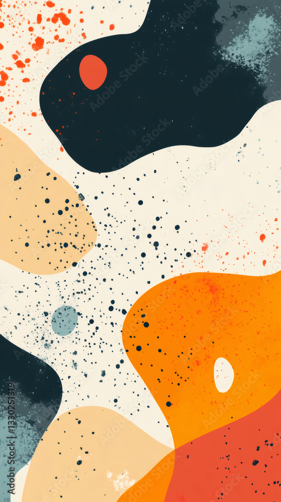 Poster Organic flowing shapes blending with paint splatters in warm earth palette, creating contemporary abstract design suitable for digital graphic projects