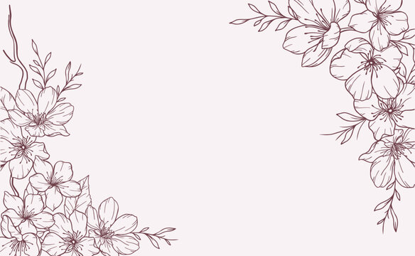Cherry Blossom Line Art. Trendy floral branches and flowers. Botanical Line Art Sakura Collection. Hand drawn line art cherry blossom flowers. Luxury Line Floral Art. Cherry Blossom Outline