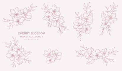 Cherry Blossom Line Art. Trendy floral branches and flowers. Botanical Line Art Sakura Collection. Hand drawn line art cherry blossom flowers. Luxury Line Floral Art. Cherry Blossom Outline
