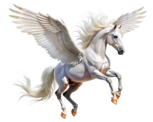 A majestic white pegasus with wings spread wide, galloping on a transparent background.PNG