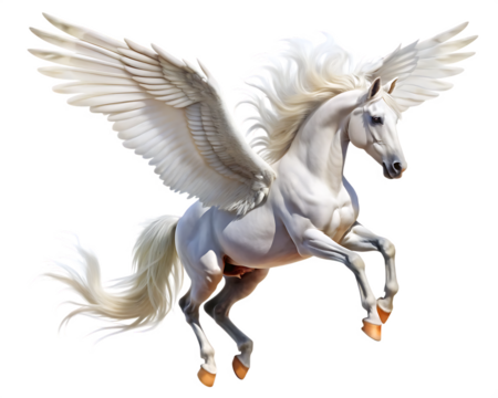 A majestic white pegasus with wings spread wide, galloping on a transparent background.PNG