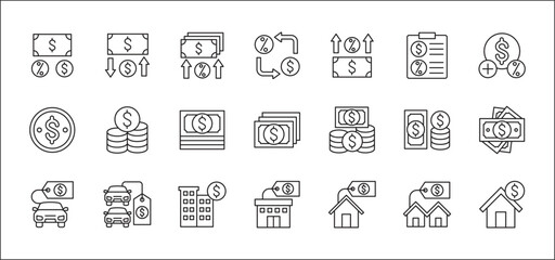 Finance business icon set. Financial management icons. Icons set contains symbol of money, profit, interest, company asset, resource, wealth, inventory, property, value. Vector stock illustration.