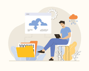 Cloud technology, data storage and backup. Man working with cloud computing and database service. Flat vector illustration.