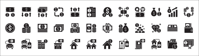Finance business icon set. Financial management icons. Icons set contains symbol of money, profit, interest, company asset, resource, wealth, inventory, property, value. Vector stock illustration.