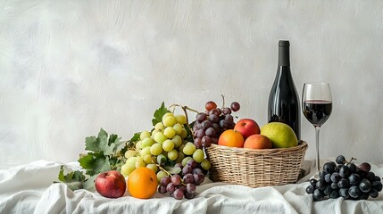 Picnic basket with wine and fruits on tablecloth