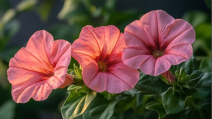 Fototapeta premium Three pink flowers in sunlight.