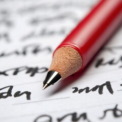 Fototapeta premium Red pencil rests on a page filled with flowing cursive script