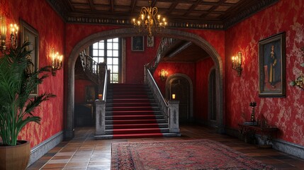 Fototapeta premium Luxurious antique mansion foyer with grand staircase
