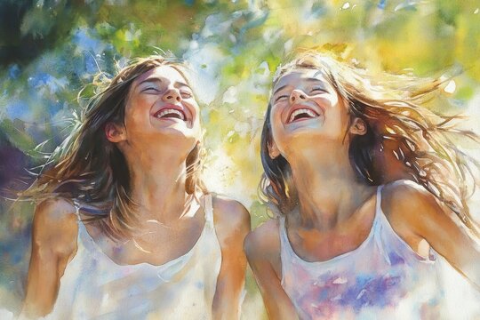 Watercolor Two Teenage Girls Joyful Laughter Outdoor - Two teenage girls laughing joyfully outdoors, symbolizing friendship, happiness, carefree youth, summer fun, and sisterhood