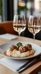 Delicious Swedish meatballs with creamy gravy and lingonberry sauce served alongside mashed potatoes and white wine in a Scandinavian setting