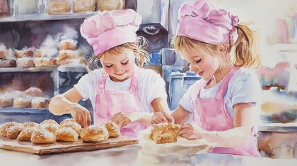 Watercolor Two Young Girls Baking in Pink - Two young girls, wearing pink chef hats and aprons, joyfully bake pastries together in a cozy kitchen. This symbolizes childhood, teamwork