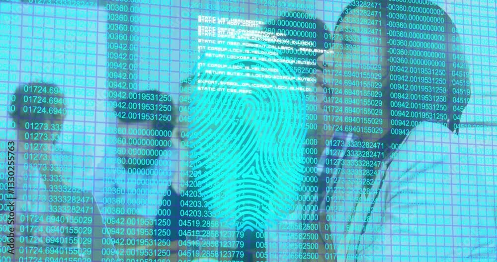Poster animation of fingerprint and binary code overlaying professionals working in technology