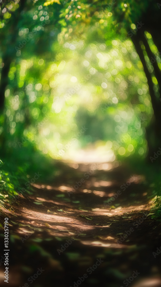 Poster Beautiful path in a blurred green forest illuminated by sunlight filtering through trees, creating a magical atmosphere