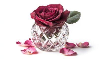 Rose in cut-glass vase with scattered petals on a clean white background