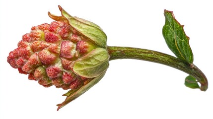 Budding flower. Reddish, textured floral bud with green stem and leaf isolated on white background