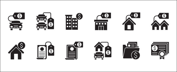 Company asset icon set. Business wealth icons. Property asset value symbol. Icon collection compatible for corporate property, wealthy, inventory, management, resource, financial. Vector illustration