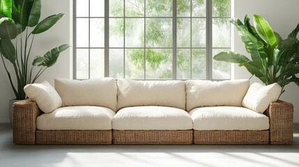Cream modular sofa with rattan base, positioned before a large window overlooking lush greenery