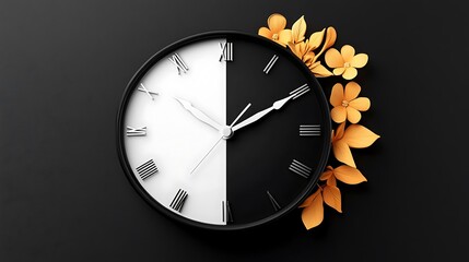 Half-and-Half Clock with Paper Flowers: A Time-Splitting Still Life AI Generated