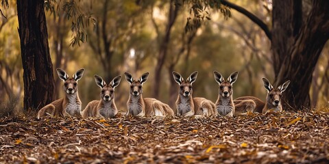 Group of kangaroo resting shade of towering eucalyptus tree their fur dappled intricate pattern of warm midday light filtering through canopy peaceful moment capture essence of Australias wild heart